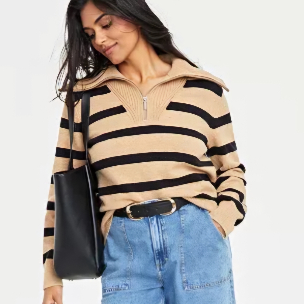 Preppy Tan and Black Striped Women's 3/4 Zip Sweater